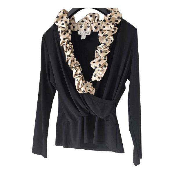 Joseph Ribkoff Black Wrap Top EU 42 – Polka Dot Satin Ruffle