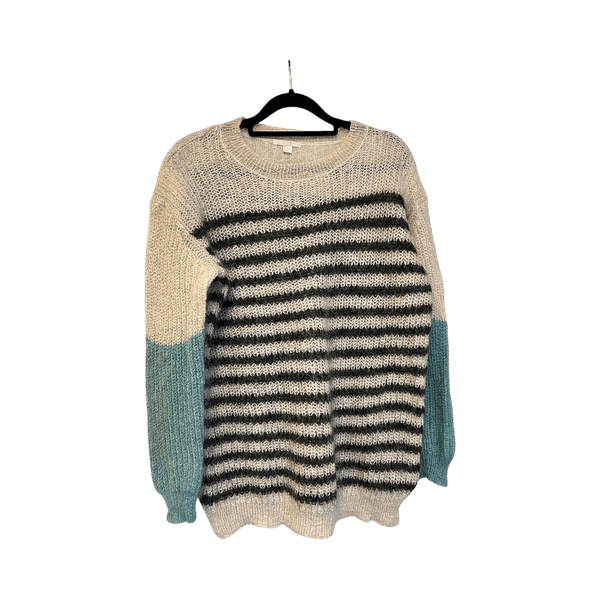 COS knitted sweater in white grey and blue sleeves size S