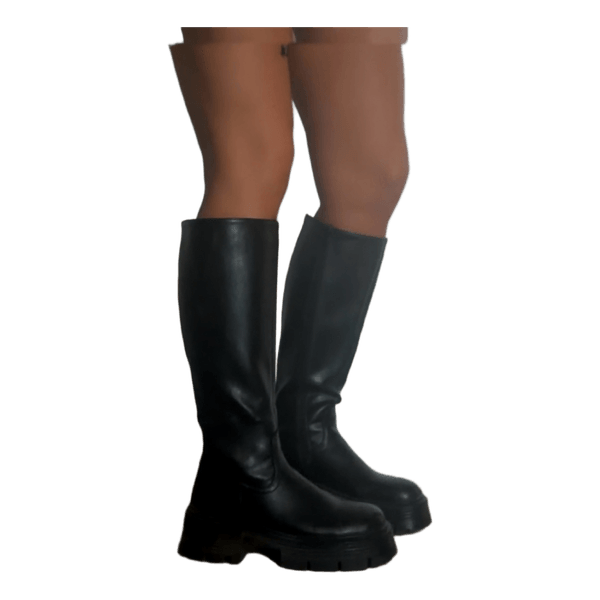 Black chunky knee-high boots