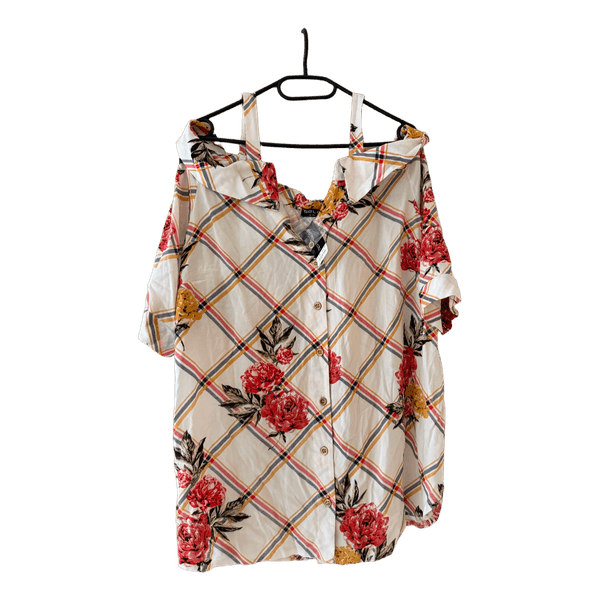 Floral plaid cold shoulder blouse