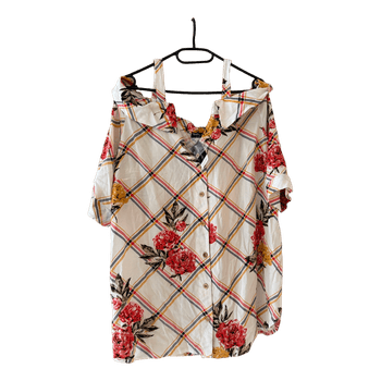 Floral plaid cold shoulder blouse