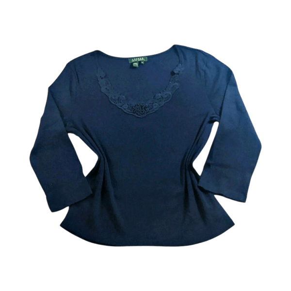 Lauren RL Ribbed Lace Trim Top - 100% Cotton - Navy Blue - L/XL
