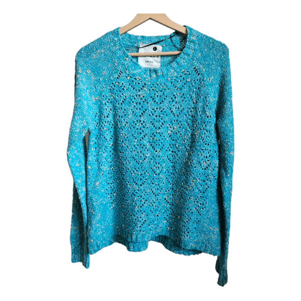 Kensie Pieces Turquoise Speckled Open Knit Sweater Size L Cotton Blend Boho