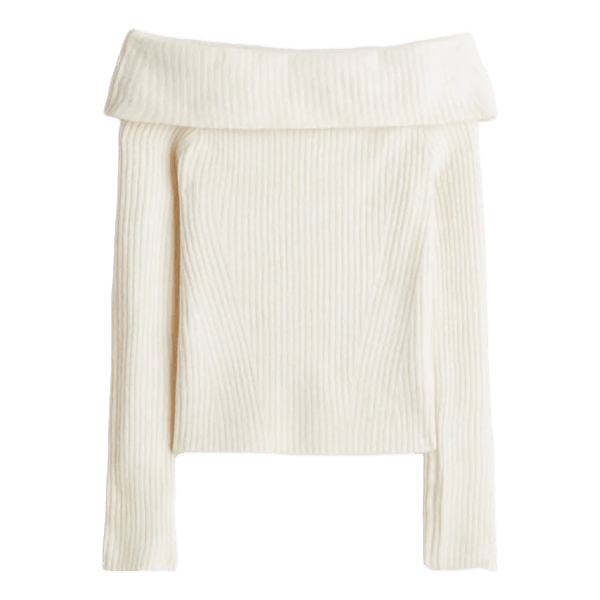 Vit ribbstickad off-shoulder tröja