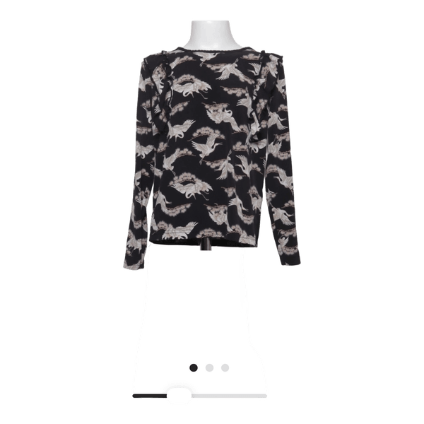 Sort langærmet bluse med print