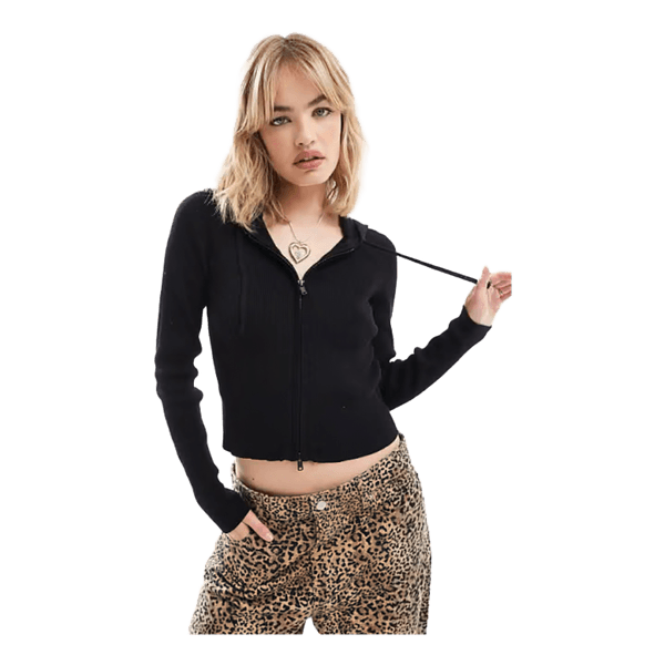 Black ribbed zip hoodie