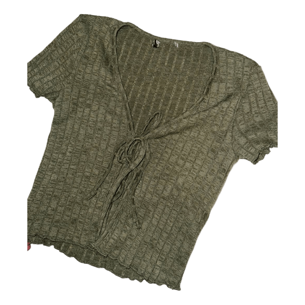 Green ribbed tie-front top