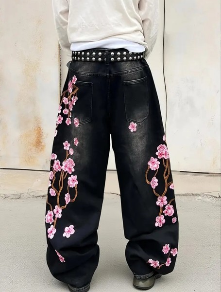 Black embroidered denim jeans Cherry blossom/Sakura