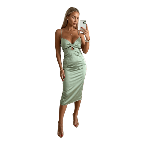 Green satin midi dress