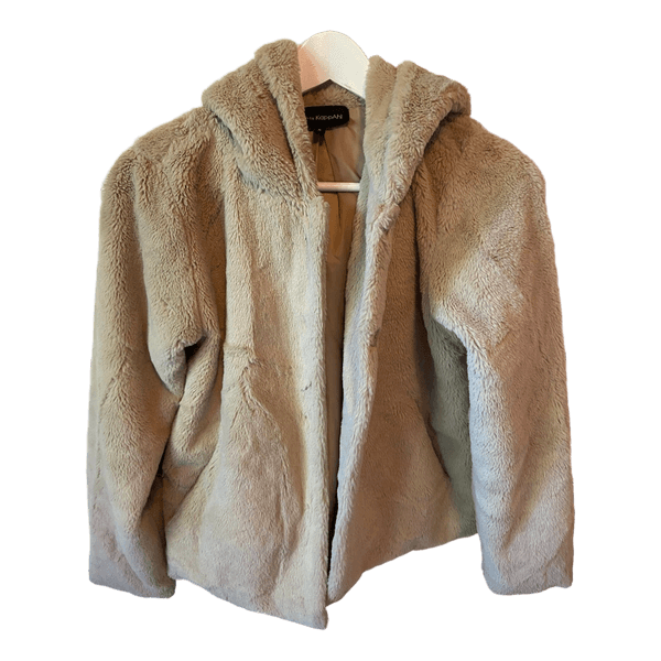 Beige tekoturkistakki hupulla