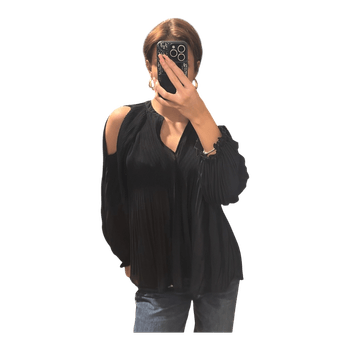 Black plissé cold-shoulder blouse