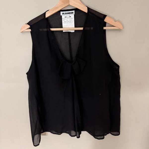 Jil Sander Dam Linne-Top / Stl 44 – Svart Sheer Bomull / Rosett-detalj