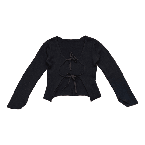 Black wool knit tie front cardigan