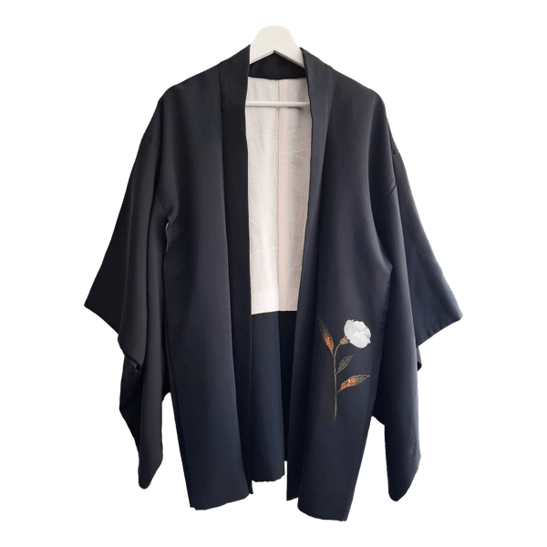 Black floral silk haori kimono