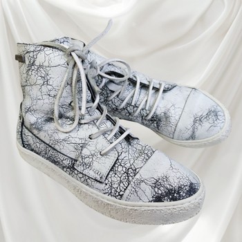 White crackled leather print boots