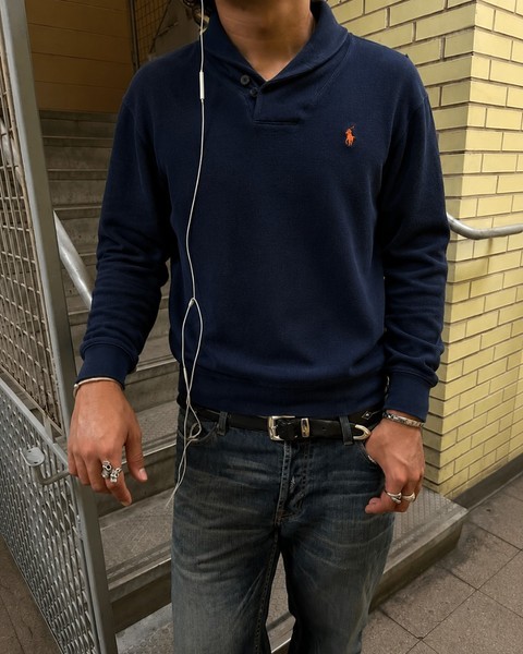 Navy shawl collar sweater