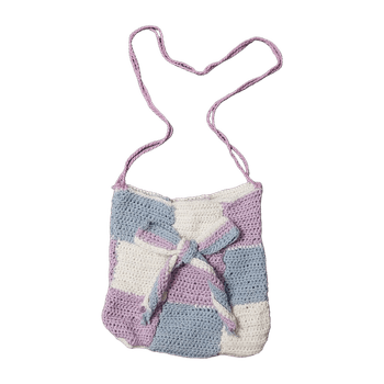 Crochet patchwork shoulder bag in pastel purple, blue and white