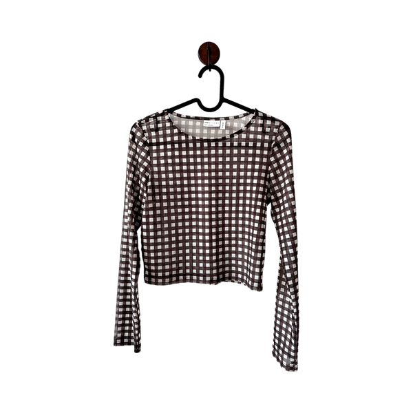 Asos design Women’s brown and white gingham check mesh seethrough top size S 