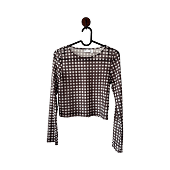 Asos design Women’s brown and white gingham check mesh seethrough top size S 