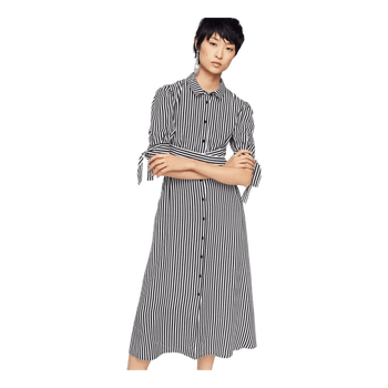 Mango Black White Striped Shirt Dress Tie Waist Pockets Midi Maxi Size M