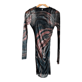 ZARA Mesh Mini Dress XS – Dark Boho Marble Print Bodycon