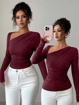 Pleated asymmetric collar t-shirt