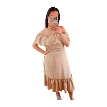 beige olkapäät paljaat mekko