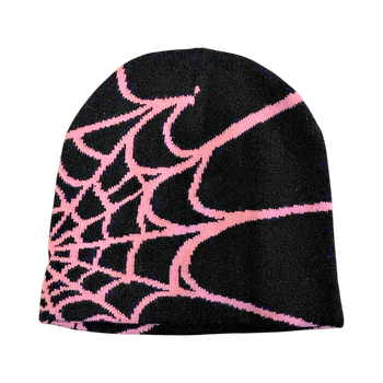 Black knitted beanie with pink spider web design