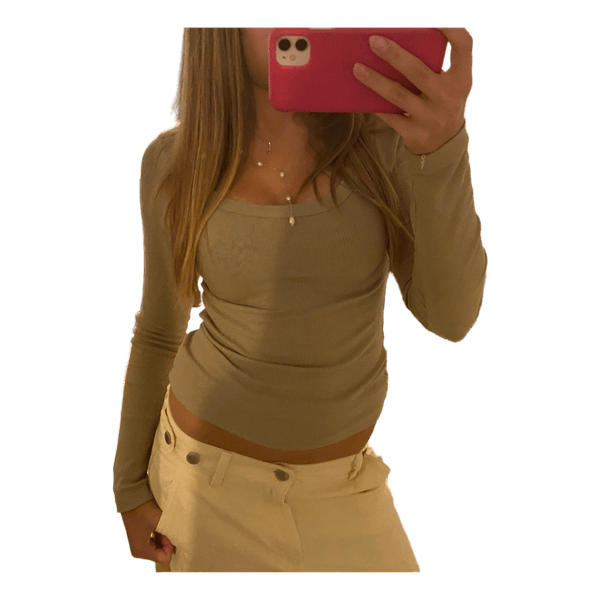 Beige langærmet ribtop