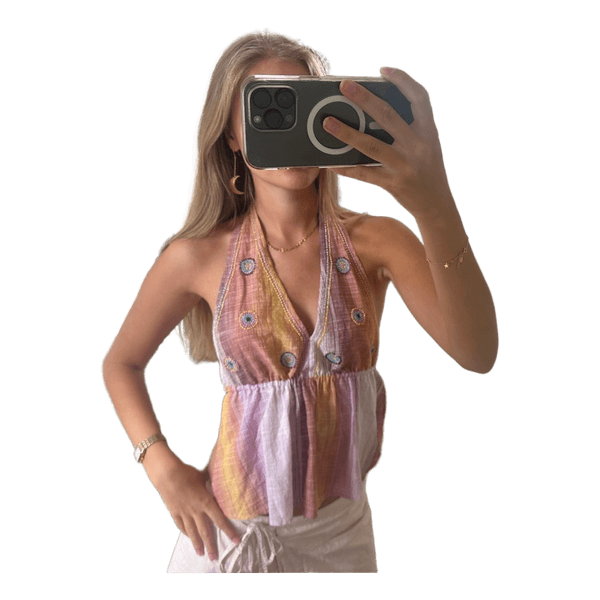 Stribet halterneck top med perler