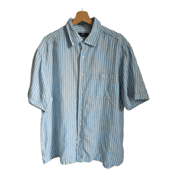 Blue Harbour Marks & Spencer 100% Linen Shirt XL Blue White Stripe Coastal Natural