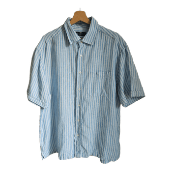 Blue Harbour Marks & Spencer 100% Linen Shirt XL Blue White Stripe Coastal Natural