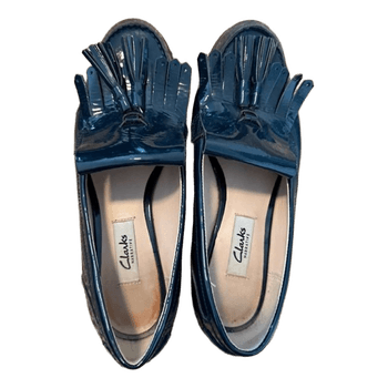 Clarks navy patent loafers