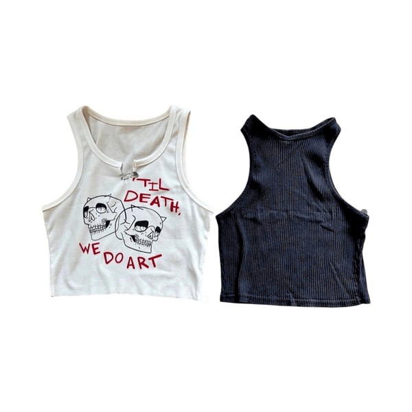 White skull print crop top, black and grey top