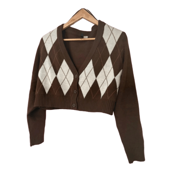 Brown argyle cropped cardigan