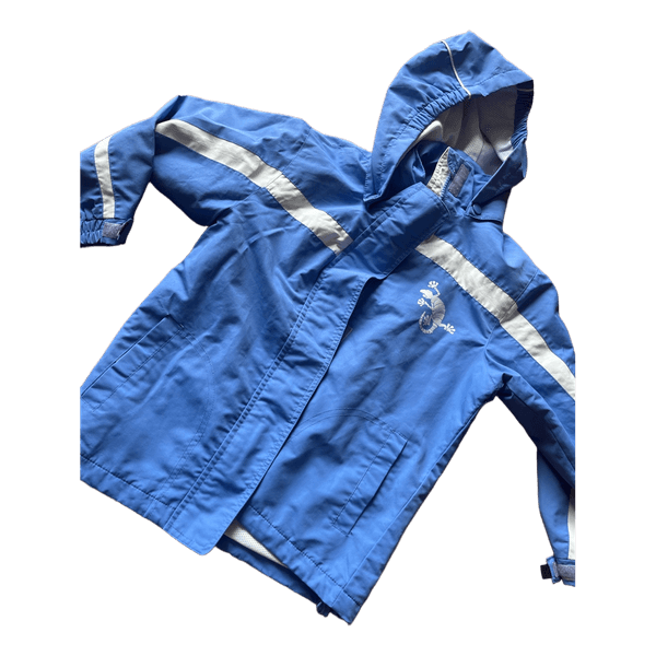Blue hooded rain jacket