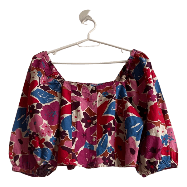 EDC Floral Puff Sleeve Crop Top XS Cotton Linen Blend Boho Cottagecore Y2K