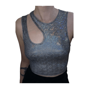 Hopeinen holografinen cut-out crop top S – club / bile / festarit