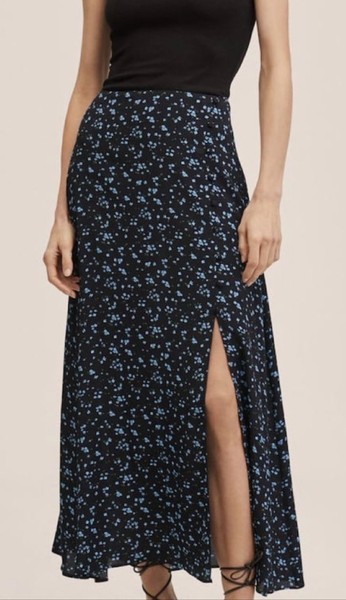 Mango Black slit floral midi skirt size S