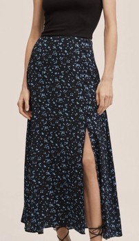 Mango Black slit floral midi skirt size S