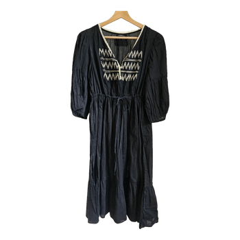 Lindex Boho Cotton Midi Dress Size 42 Black Embroidered Peasant Festival