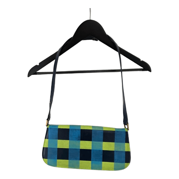Vintage Shoulder Bag Blue Green Check Baguette Y2K Style Leather Look Small Bag