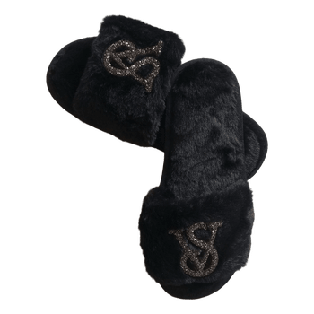 Black faux fur slippers