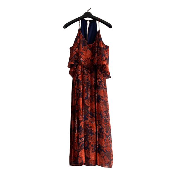 ASOS Floral Chiffon Midi Dress UK 10 EU 38 Navy Orange Ruffle Boho Occasion