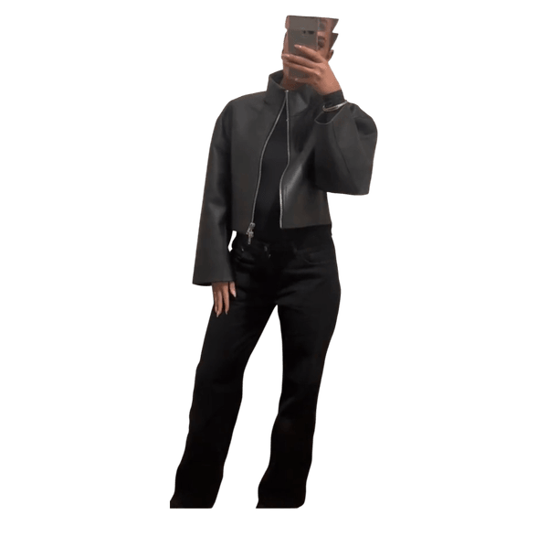 Black cropped faux leather jacket
