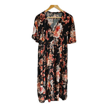 KappAhl Floral Midi Dress Women's Size S Black Pink 100% Viscose Boho Romantic