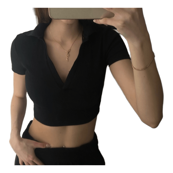Black ribbed polo crop top