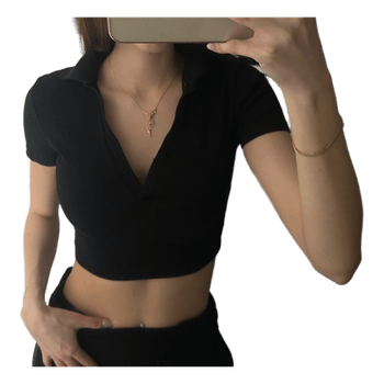 Black ribbed polo crop top
