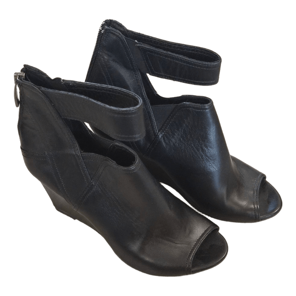 Black leather peep toe wedges