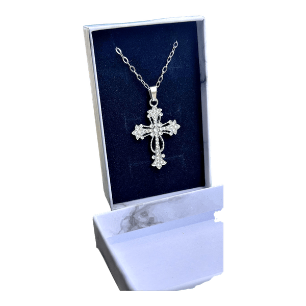Silver Rhinestone Cross Necklace - Stainless Steel Tarnish-Free